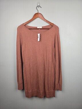 LOFT Rust Brown Scoop Neck Long Sleeve Tunic Sweater Women Sz M Lightweight Knit
